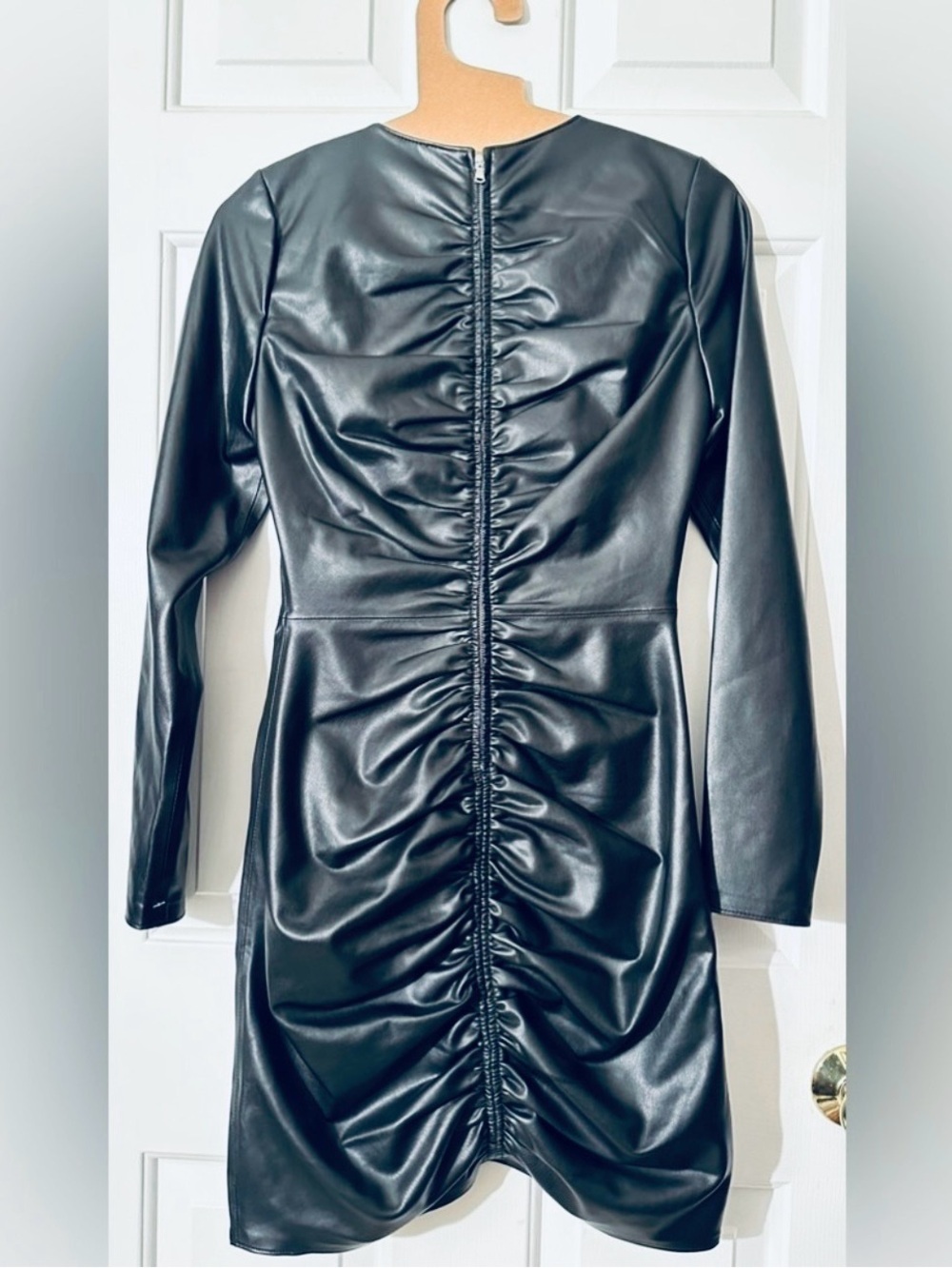 VERONICA BEARD Grunge Moto Indie Sleaze Faux Leather Ruched Mini Dress Black NEW - Picture 6 of 16